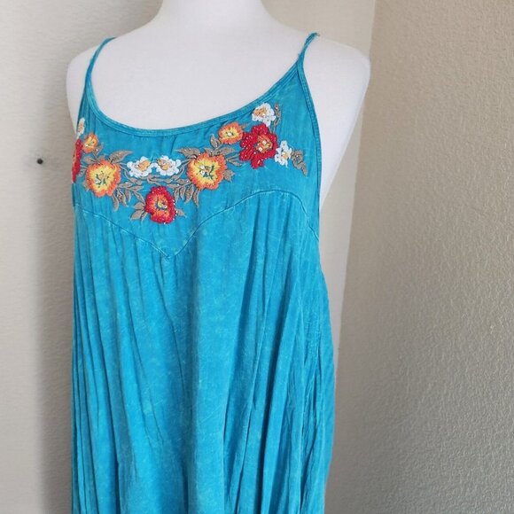 T-Party Turquoise Swing Dress size Large Embroidery Boho Hippie Sleeveless - Picture 2 of 16